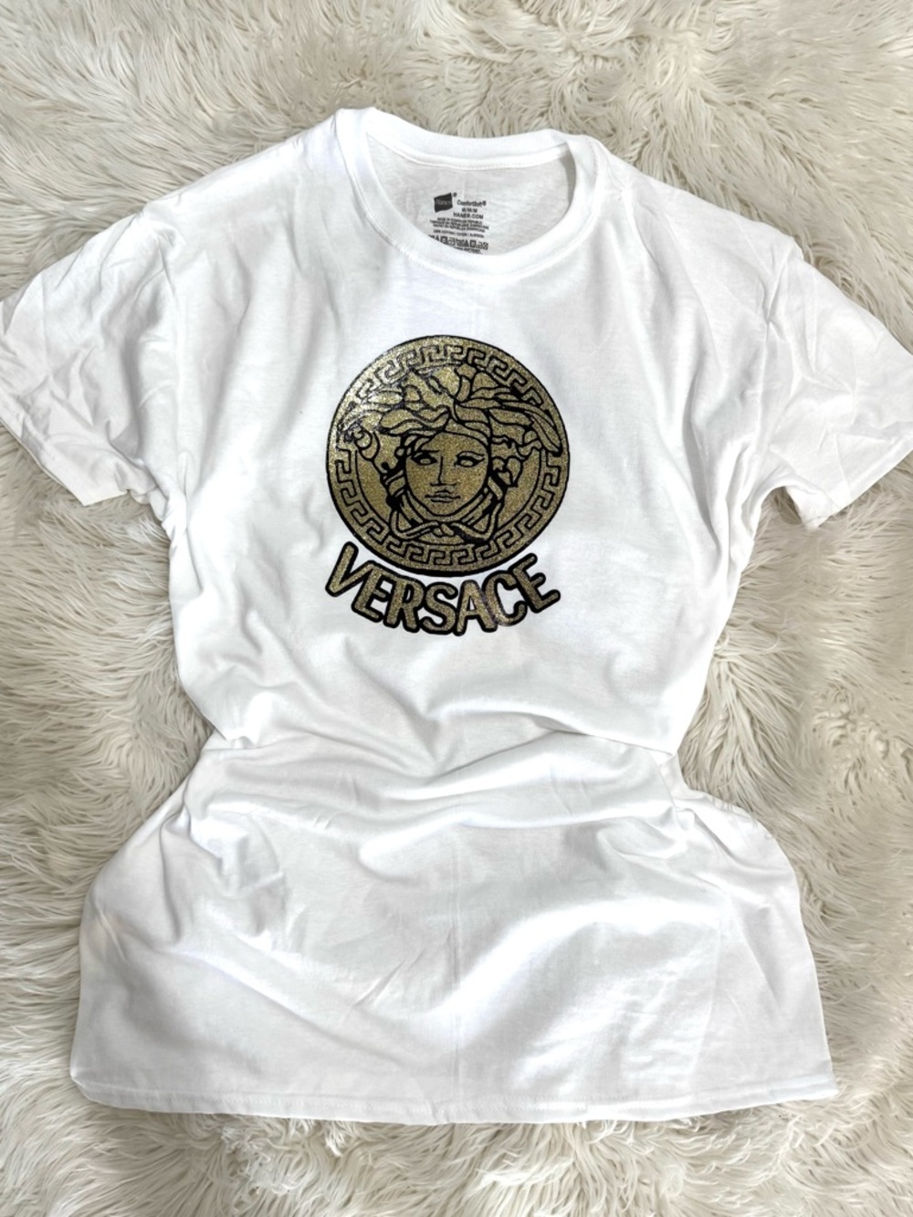 NEW-White Tee with Gold Medusa Emblem - Women